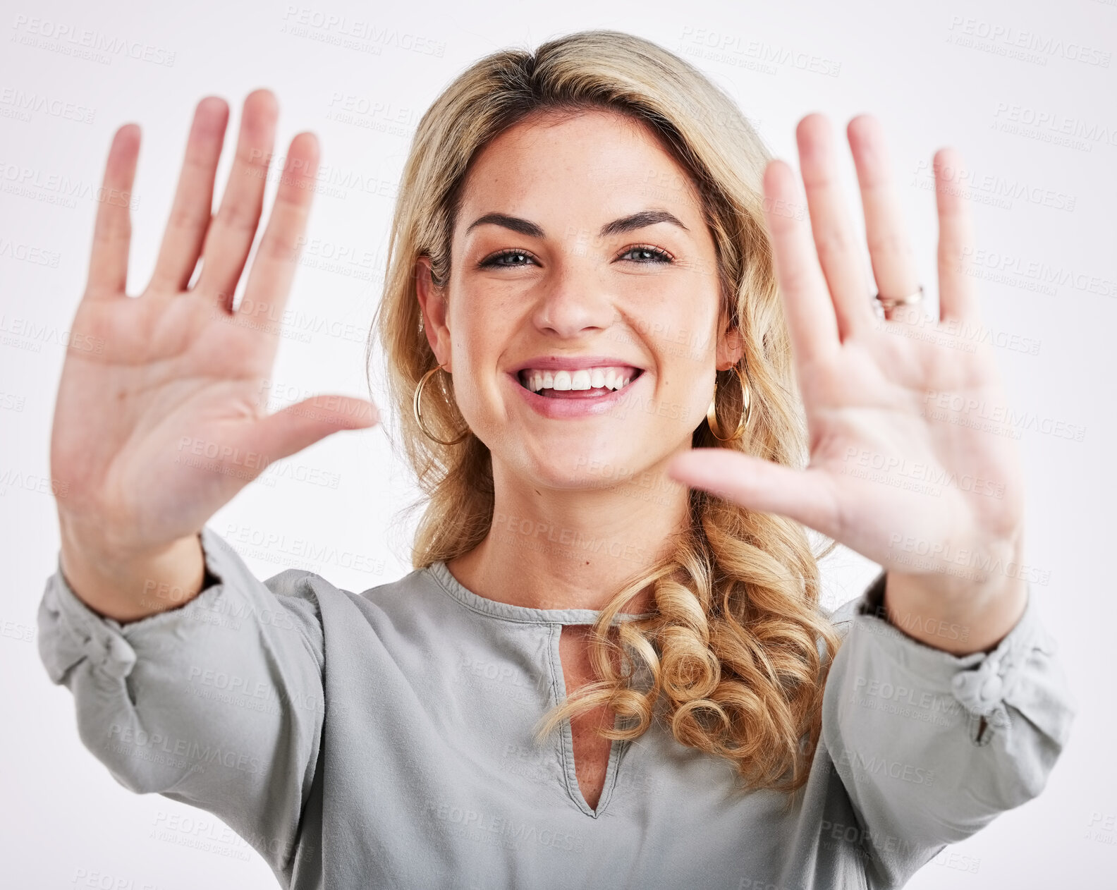 Buy stock photo Frame, hands and portrait of business woman on white background for ten sign, gesture and promotion. Happiness, smile and face of isolated female person with palms up, confidence and happy in studio