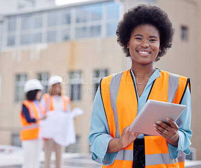 Buy stock photo Smile, engineering and portrait of black woman and tablet for planning, architecture and leadership. Construction, technology and maintenance with engineer for inspection, digital and internet