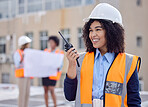 Construction, woman with walkie talkie and communication, engineering and architect at work site. Inspection, technology and happy female contractor with radio, building industry and labor outdoor