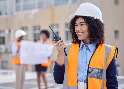 Buy stock photo Construction, woman with walkie talkie and communication, engineering and architect at work site. Inspection, technology and happy female contractor with radio, building industry and labor outdoor