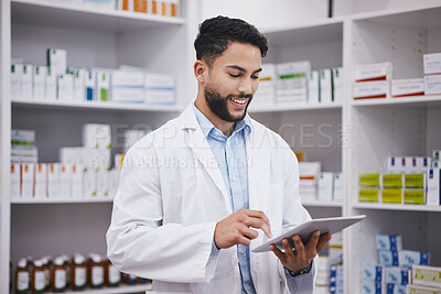 Buy stock photo Pharmacy, happy man or doctor reading tablet medicine or checking medical prescription pills on shelf. Digital or pharmacist with online checklist on clinic shelves or drugstore inventory storage 