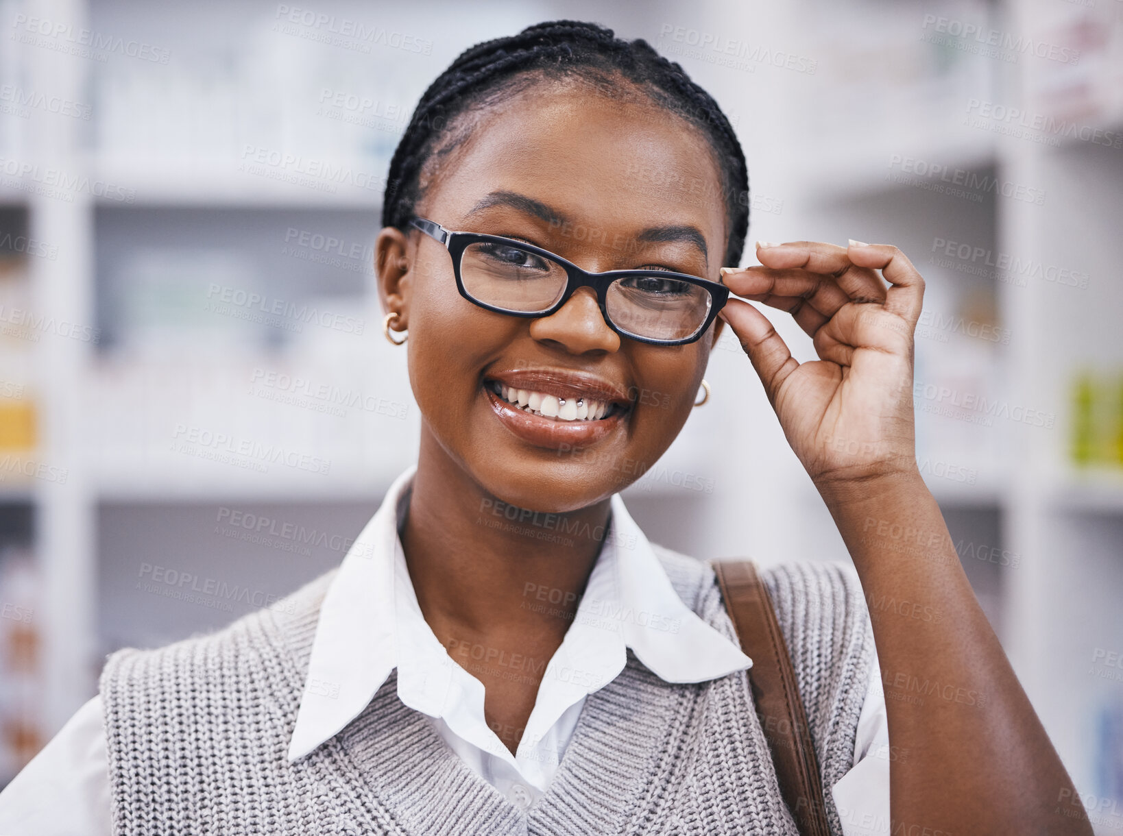 Buy stock photo Smile, vision and portrait of happy woman with glasses in clinic for eye care, health and poor sight. Eyesight, face of girl holding designer brand frame and lens in hand, wellness and test for eyes 