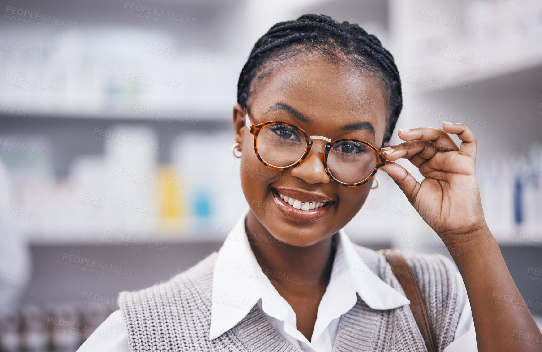 Buy stock photo Smile, eyesight and portrait of woman with glasses in clinic for eye exam, health and help with poor sight test. Vision, happy face of girl holding frame from designer eyewear brand and care for eyes