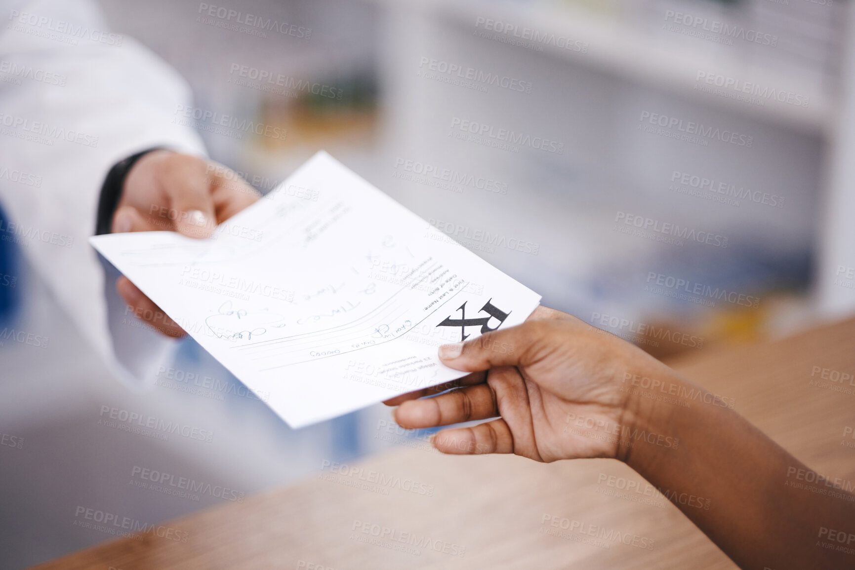 Buy stock photo Pharmacy, receipt or hands of a pharmacist with a person for healthcare prescription papers in drugstore. Zoom or nurse giving customer payment details or doctors note for medical retail services