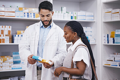 Pharmacy pills, customer question and black woman with pharmacist at a wellness and health store. Happy, drugs ingredients and male healthcare professional consulting about product and medicine