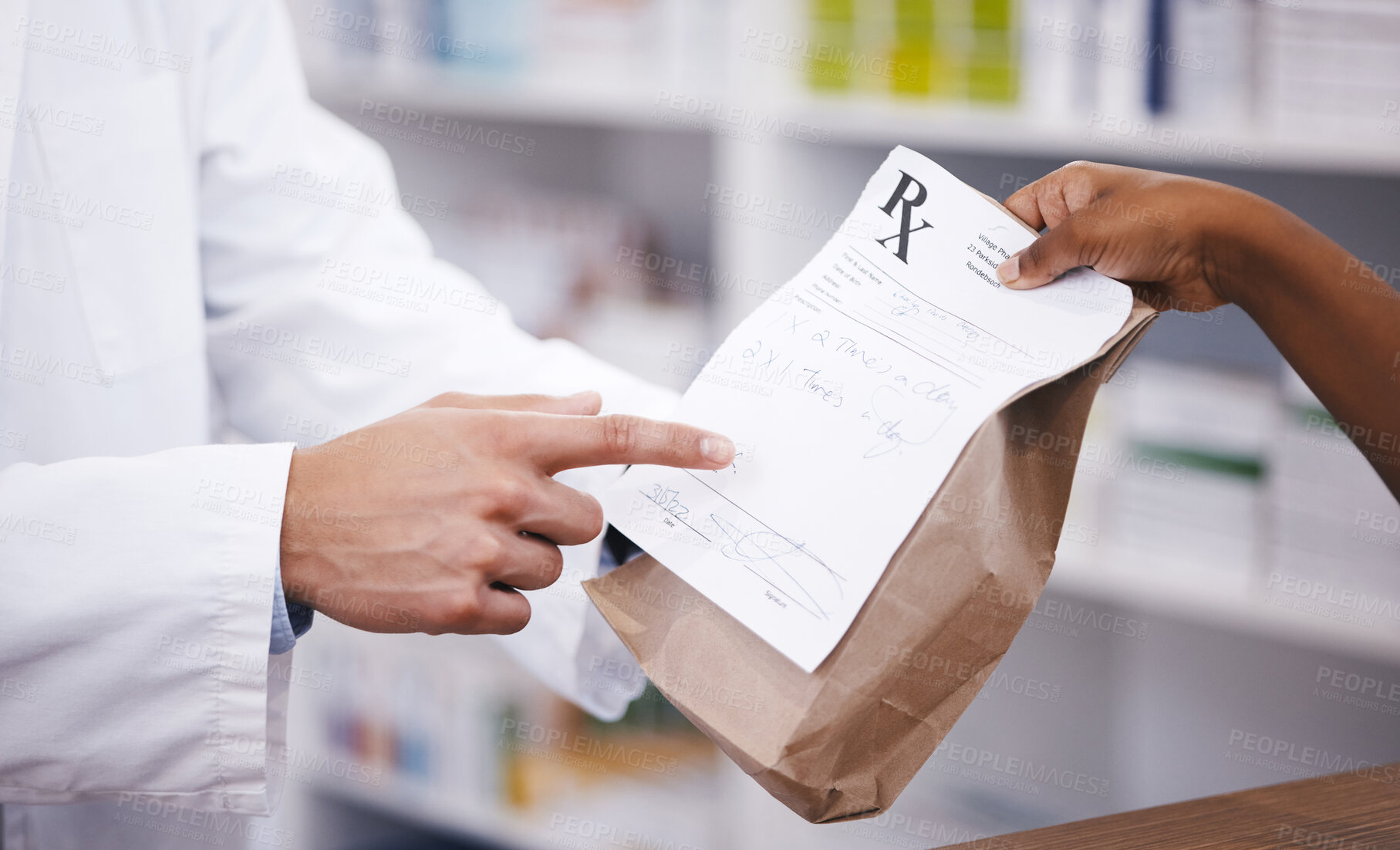 Buy stock photo Bag, medicine or pharmacist hands a person healthcare prescription, pointing or pharmacy receipt. Zoom, shopping or doctor giving customer products, instruction or package for medical retail services