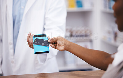 Buy stock photo Pharmacy, credit card and payment with hands of people for retail, shopping and fintech banking service. Digital money, cashless and technology with machine and customer for electronic transaction