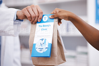 Buy stock photo Clinic, medicine or pharmacist hands person a bag in drugstore with healthcare prescription receipt. Zoom, shopping or doctor giving customer products or pharmacy package for medical retail services
