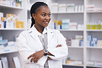 Pharmacy, pharmacist thinking or portrait of black woman with arms crossed in healthcare drugstore or clinic. Contemplate, hospital or happy doctor with innovation or ideas about medicine on shelf 