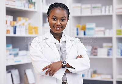 Buy stock photo Pharmacy, pharmacist or portrait of black woman with arms crossed or smile in healthcare drugstore or clinic. Face, hospital or happy doctor smiling by medication or medicine on shelf ready to help