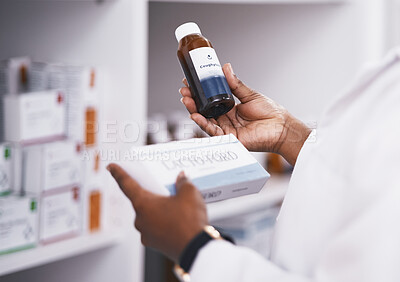 Buy stock photo Doctor, medicine or hands of person with pills or supplements bottle in drugstore for healthcare inventory. Zoom, clinic or nurse checking or reading info on medical products or tablets in pharmacy 