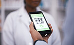QR code, screen or hand of doctor with phone to scan test results on contactless technology online. Zoom, mobile app or medical healthcare professional with ux digital registration or barcode display