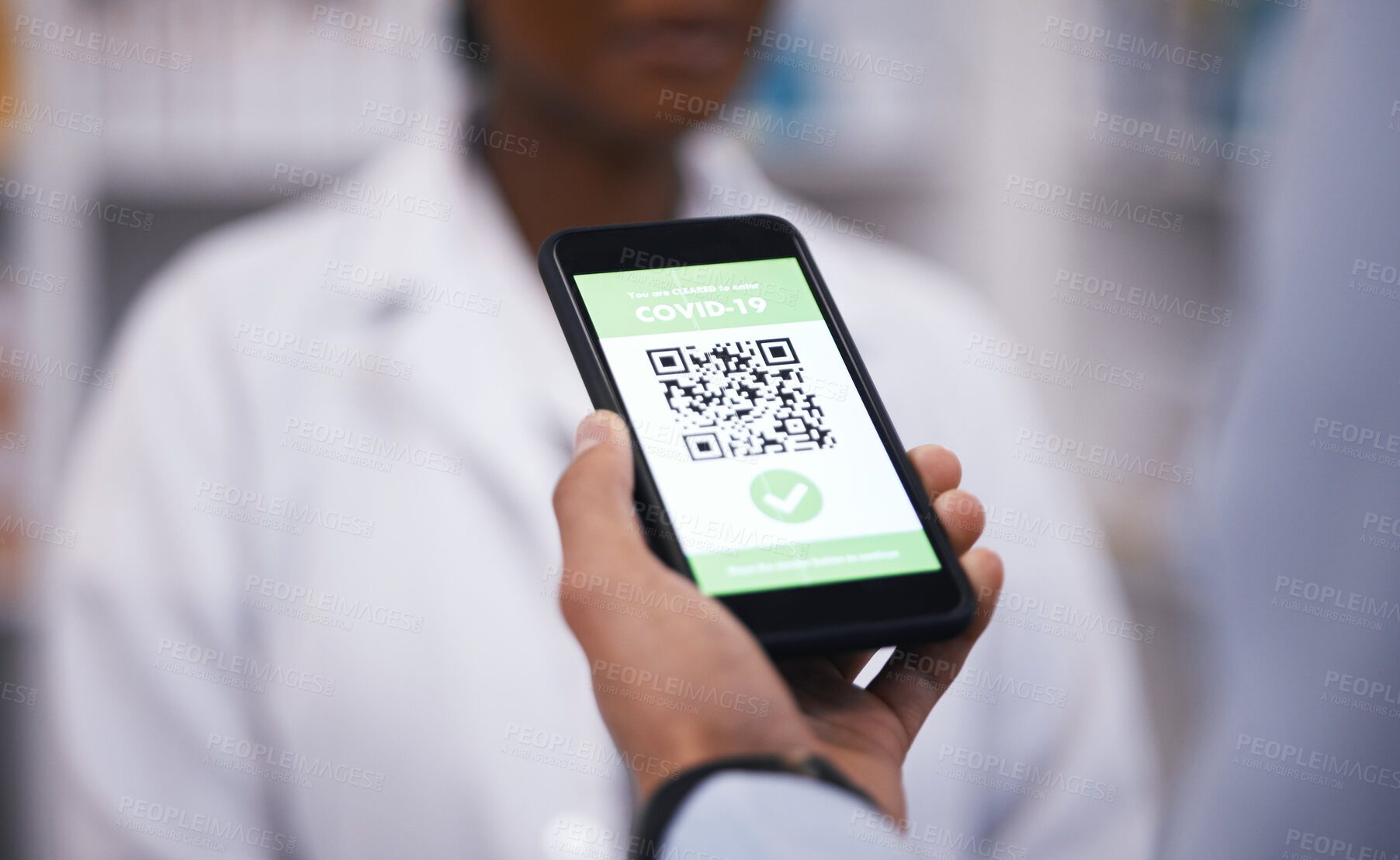 Buy stock photo QR code, screen or hand of doctor with phone to scan test results on contactless technology online. Closeup, mobile app or medical healthcare professional with digital registration or barcode display