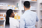 Man shopping, medicine or back of pharmacist in pharmacy for retail healthcare information or advice. Black woman or doctor helping a customer with prescription medication, pills or medical drugs 