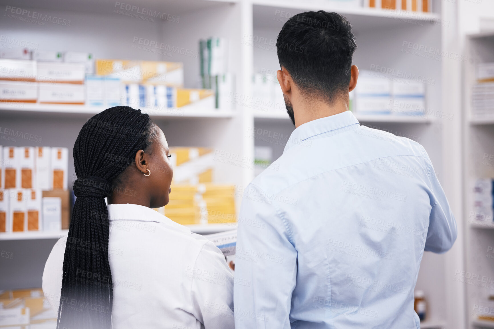 Buy stock photo Man shopping, medicine or back of pharmacist in pharmacy for retail healthcare information or advice. Black woman or doctor helping a customer with prescription medication, pills or medical drugs 