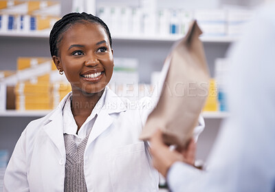 Buy stock photo Black woman, medicine or pharmacist hands customer a bag in drugstore with healthcare prescription receipt. Shopping or happy African doctor giving patient pills or package in medical retail service