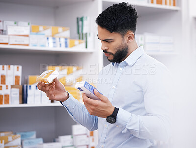 Buy stock photo Pharmacy, medicine and man with pills reading label for medication, prescription and treatment. Healthcare clinic, drug store and male person with box for medical product, supplements and antibiotics