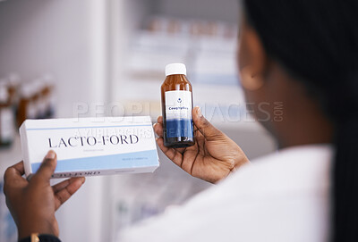 Buy stock photo Pharmacist, pills or hands of woman with medicine bottle in drugstore for healthcare stock inventory. Zoom, clinic or nurse checking or reading label info on medical products or tablets in pharmacy 