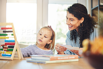 Buy stock photo Education, abacus and mother and girl in home with teaching for lesson, homework and learning. Child development, happy family and mom and kid with educational toys for homeschool, play and activity