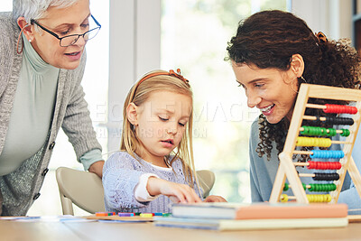Buy stock photo Education with grandmother, mom and girl in home with abacus for lesson, homework and learning. Child development, family and mom, grandma and kid with educational toys for homeschool and teaching