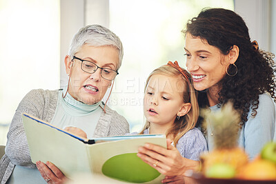 Buy stock photo Grandmother, reading and mother and girl in home with book for bonding, homework or learning. Child development, happy family and mom, grandma and kid with educational story, literature or homeschool