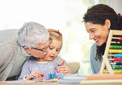 Buy stock photo Grandmother, mom and girl learning in home with abacus for lesson, homework and education. Child development, family and mom, grandma and kid with educational toys for homeschool, play and teaching