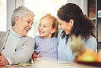 Grandmother, girl and mother laughing in home, playing and bonding together. Grandma, mama and happy child laugh at funny joke, humor or comic comedy, having fun and enjoying family time with care.