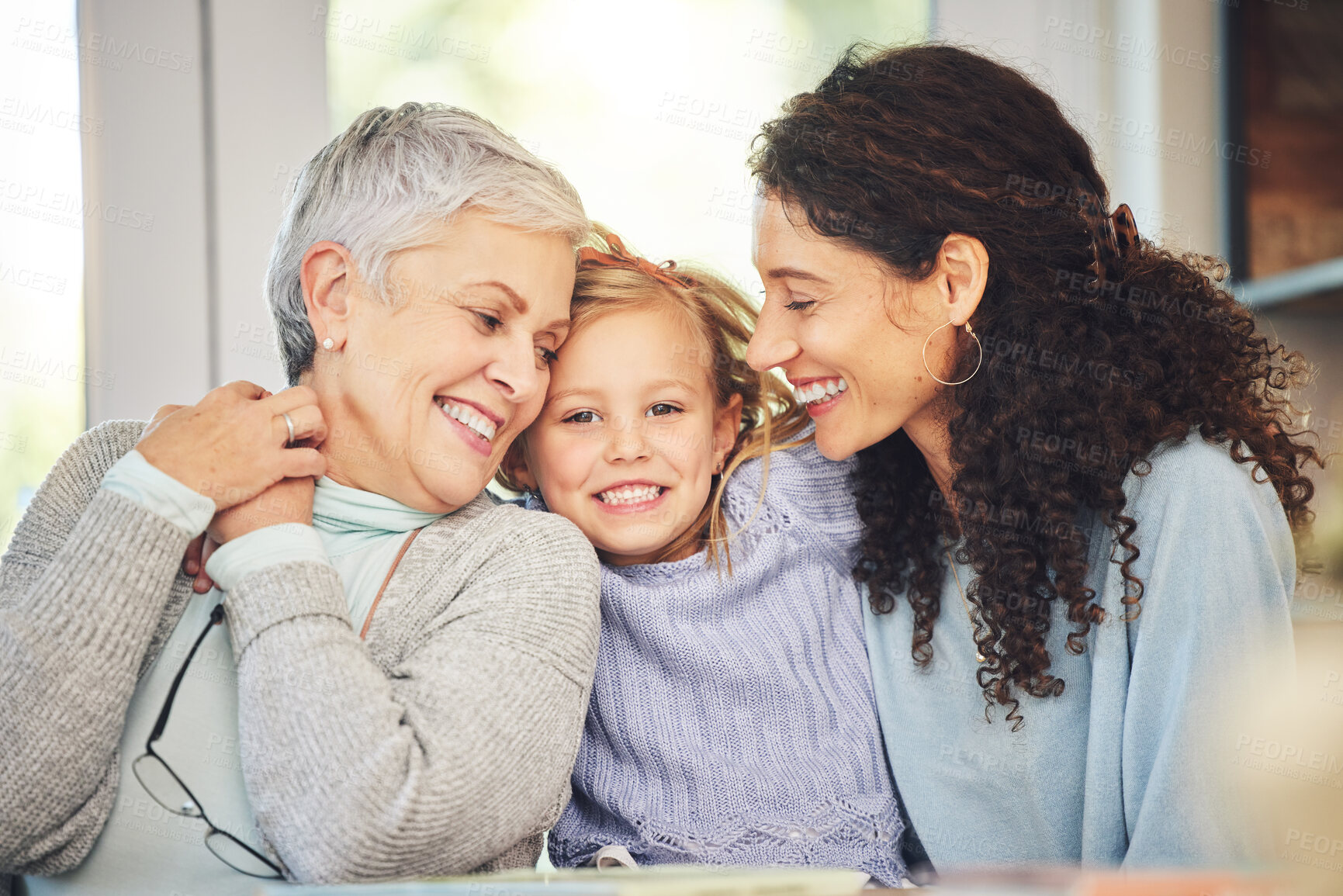 Buy stock photo Portrait, grandmother and girl smile with mother in home, bonding and having fun together. Happiness, family and child with mama and grandma, care and enjoying quality time with love in house.