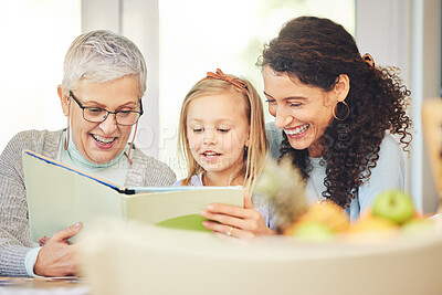 Buy stock photo Grandmother, reading and mother and girl with book for bonding, storytelling or learning at home. Child development, happy family and mom, grandma and kid with educational story, literature and novel