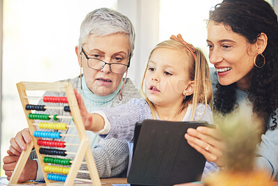 Buy stock photo Grandma, mother and girl on tablet for education in home for lesson, homework and learning math online. Grandparent, family and mom and kid on digital tech for educational games, homeschool and study