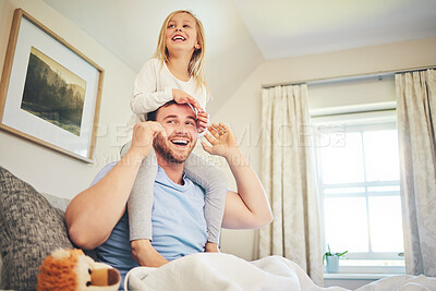 Buy stock photo Happiness, dad and child on bed playing, quality time for fun and games on weekend morning in family home. Smile, happy man and girl on shoulders, bonding in bedroom with love and laughing together.