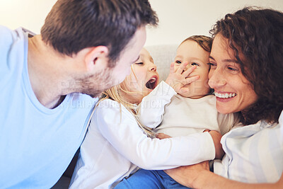 Buy stock photo Family, laughing and happy together in home bedroom with children and parents together for quality time. Man and woman or mother and father with funny children for happiness, love and care in morning
