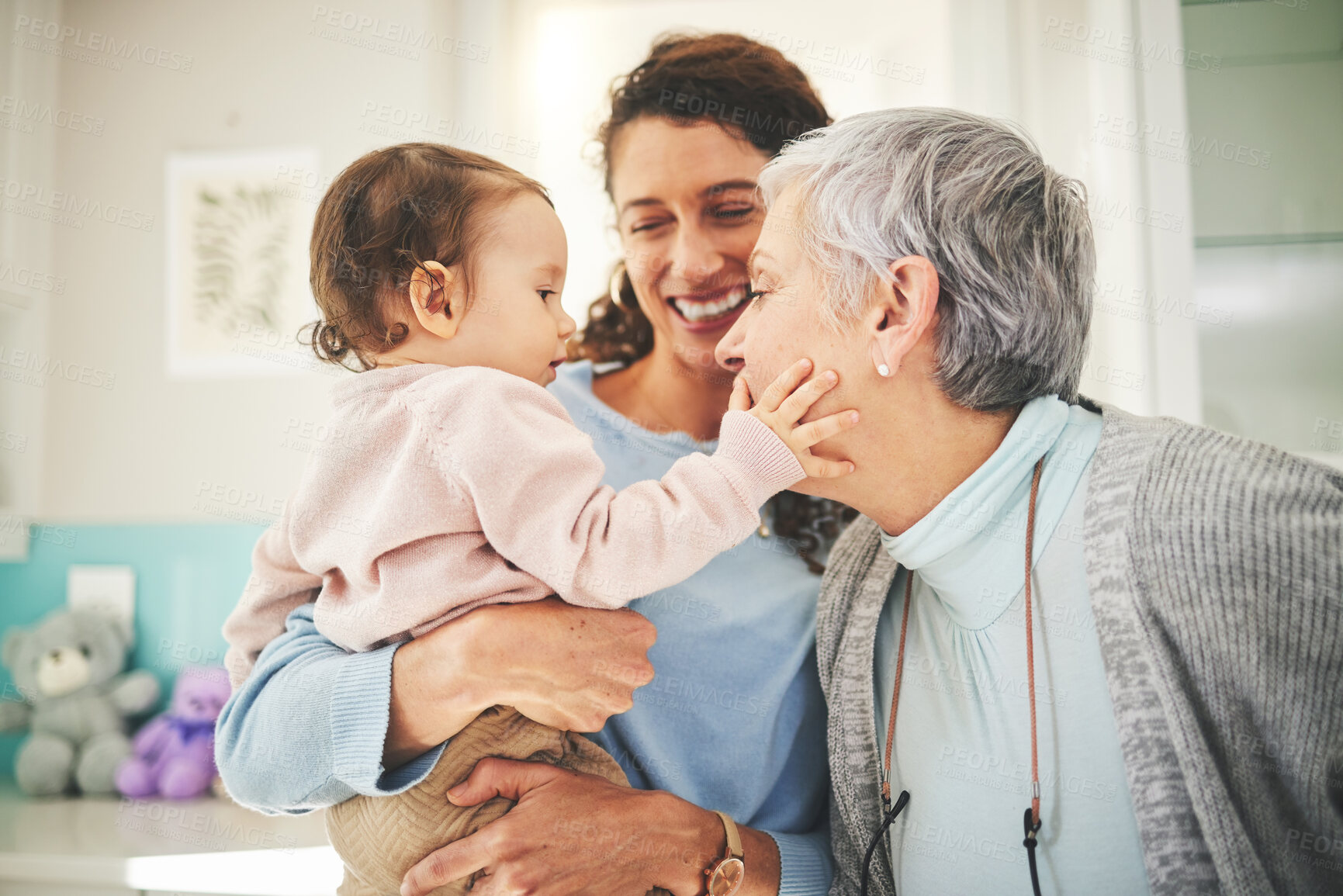 Buy stock photo Grandmother, mother and baby in home for playing, quality time and bonding together in living room. Love, happy family and mom carrying child with grandma play for loving, affection and happiness