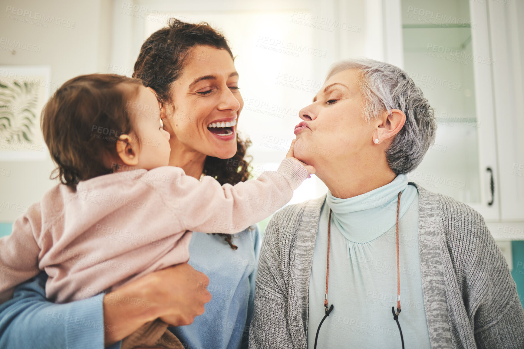 Buy stock photo Grandmother, mother and baby happy in home for bonding, quality time and playing together. Love, family and mom carrying child with grandma play for loving, affection and happiness in living room