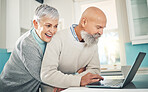 Laptop, senior couple and hug in home, online browsing and social media in house. Computer, retirement and happy man and woman embrace while reading email, news or streaming funny video together.