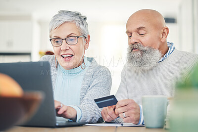 Buy stock photo Laptop, senior couple and credit card in home for online shopping, digital banking or payment. Computer, ecommerce and happiness of man and woman on internet for sales, retirement finance or fintech.