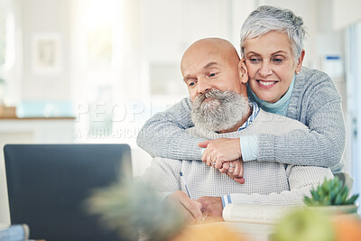 Buy stock photo Laptop, elderly couple and hug in home, internet browsing or social media in house. Computer, retirement and happy man and woman embrace while reading email, news or streaming video together online.