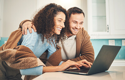 Buy stock photo Happy couple, laptop and typing for search, internet or social network for meme in home together. Young man, woman and computer with laughing, happiness and excited face for results of web research