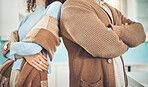 Back, conflict and arms crossed with a couple standing in the kitchen of their arm during a fight or argument. Divorce, angry or breakup with a man and woman feeling unhappy, upset or frustrated