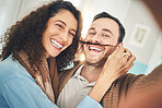 Couple, home and selfie with hug, portrait or social media for meme, funny post or love together in home. Young man, woman or photography for profile picture with care, happiness and blog on internet