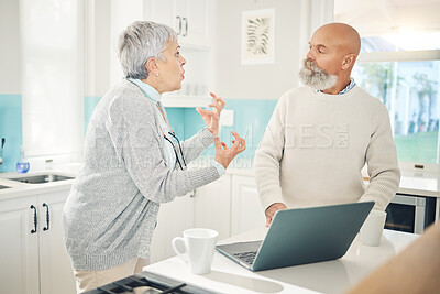 Buy stock photo Angry, argument and a couple in a fight about an email, computer glitch or financial stress. Anger, talking and a senior man and woman speaking about a retirement problem or conflict online on a pc