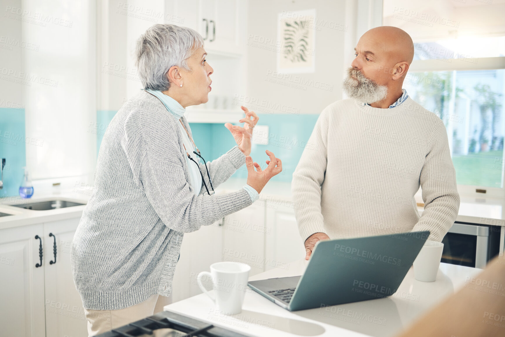 Buy stock photo Angry, argument and a couple in a fight about an email, computer glitch or financial stress. Anger, talking and a senior man and woman speaking about a retirement problem or conflict online on a pc