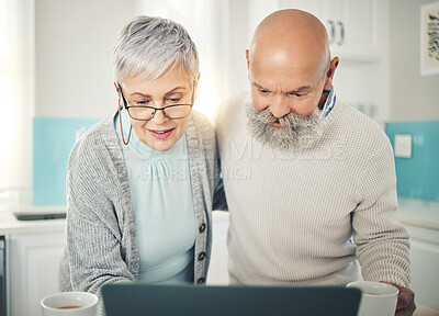Buy stock photo Senior couple, laptop and video call in home kitchen, internet browsing or social media in house. Computer, retirement and man and woman on videocall, online chat or virtual communication together.