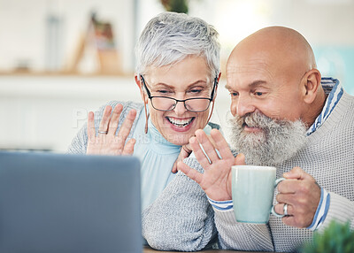Buy stock photo Laptop, senior couple and wave on video call with coffee in home, talking and speaking in house. Computer, retirement and man and woman waving to say hello in virtual chat, online greeting and happy.