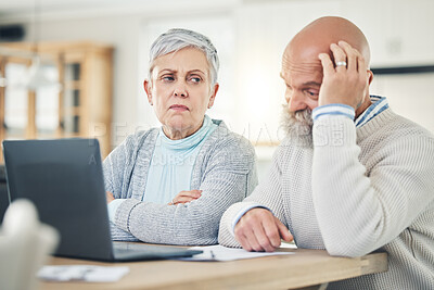 Buy stock photo Laptop, stress and budget with a senior couple feeling anxiety about their pension or retirement fund. Computer, debt finance or accounting with old people problem solving their savings or investment