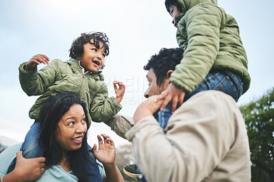Buy stock photo Fun, happy and family outdoor in nature for quality time, love and care outdoor. Man, woman or mom and dad playing and laughing with kids at a park for happiness on vacation, holiday or travel trip