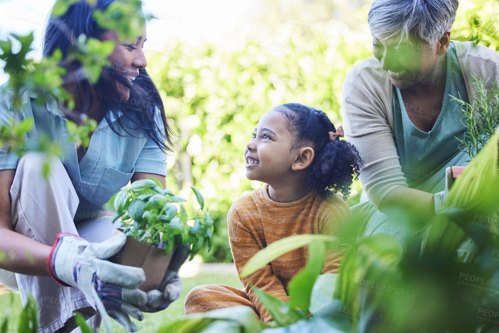 Buy stock photo A woman, mother and child gardening together outdoor for growth or sustainability during spring. Plants, kids and earth day with a family bonding in a summer garden for eco friendly landscaping