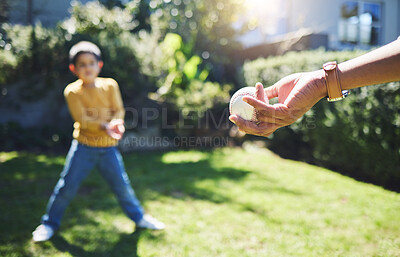Buy stock photo Hand, baseball and person playing with child on bokeh or  
parent and kid on grass field for training. Softball game, outdoor sport and hand ready for throw or pitch to young athlete on sunny day.
