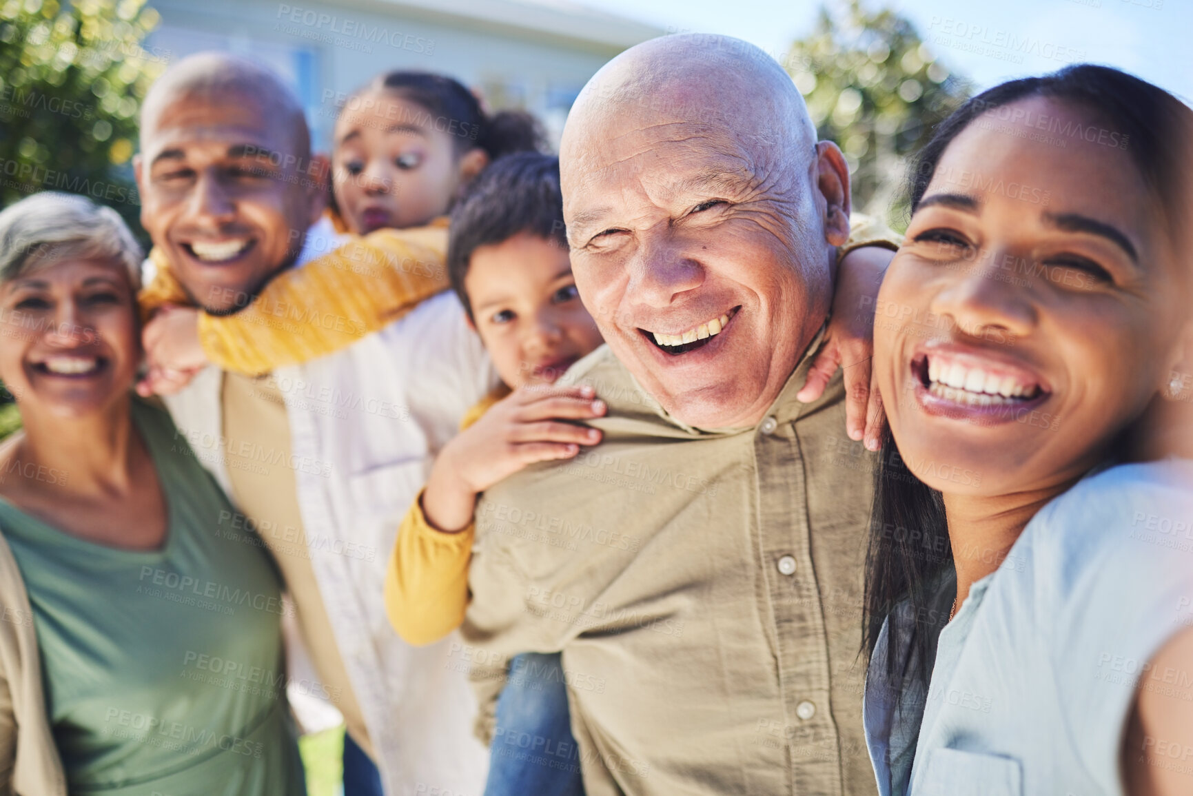 Buy stock photo Big family, interracial and selfie with smile or happy and  together. Grandparents, parents and children relax outdoor for summer time portrait or vacation and holiday with happiness on kids face. 