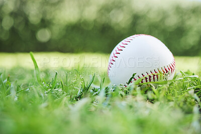 Buy stock photo Baseball, sports and fitness with a ball on the grass, closeup waiting for a game or competition. Earth, recreation and training with a softball on a lawn, pitch or grass for sport activity outdoor